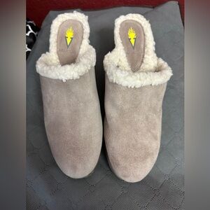 Volatile wedge mules. In mushroom color with soft lining. Like new condition